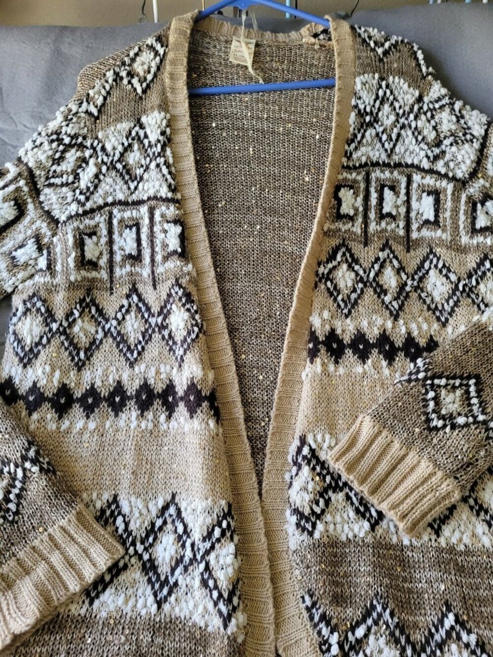 Y2K Womens XL Open Front Aztec Sequin Knit Cardigan Oversized Cozy Tan & Black - Picture 12 of 13